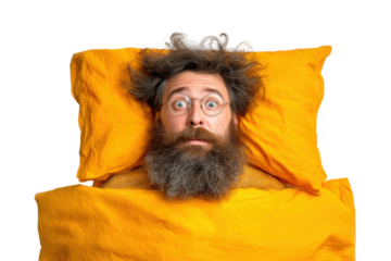 Surprised man awakens in bed home portrait bright environment. Isolated on transparent background, png.