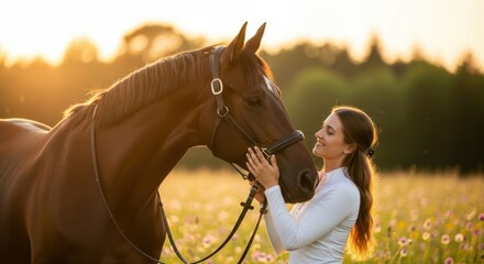 Woman's Affectionate Moment With Her Horse During Golden Hour
