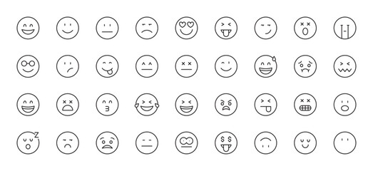 Emoji icon set. Smiley, coolness, laughter, joy, nauseous, happy, mistake, shock, love of money, loving, excited, wink, sleep, crying, angry, shame. Emotion sign. Vector illustration. Editable stroke.
