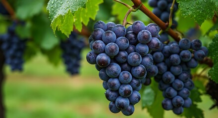 Ripe Dark Blue Grapes Ready for Harvest in Vineyard with Green Leaves and Natural Light