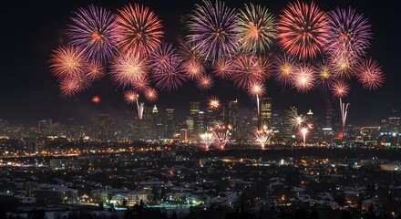 Colorful fireworks over illuminated city skyline