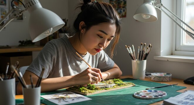 Concentrated artist crafting a miniature landscape with delicate precision and passion at a well