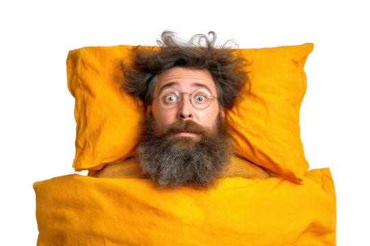 Surprised man awakens in bed home portrait bright environment. Isolated on transparent background, png.