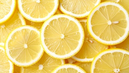 Obraz premium Fresh lemon slices pattern background, conveying healthy eating, refreshing citrus, and vibrant color.