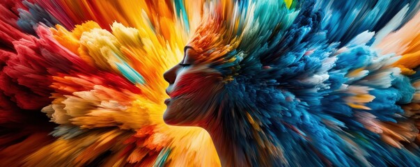 Obraz premium Emotional control concept Vibrant abstract portrait with explosive colors representing energy and emotion.