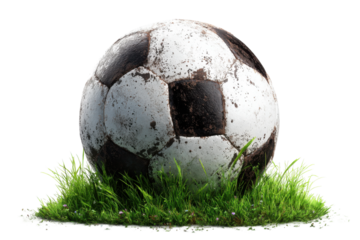 Soccer ball on grass outdoor sports equipment natural setting. Isolated on transparent background, png.
