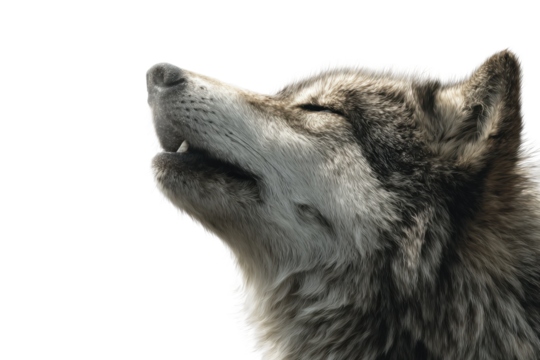Howling wolf portrait wildlife animal photography isolated close-up. Isolated on transparent background, png.