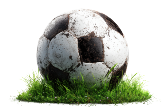 Soccer ball on grass outdoor sports equipment natural setting. Isolated on transparent background, png.