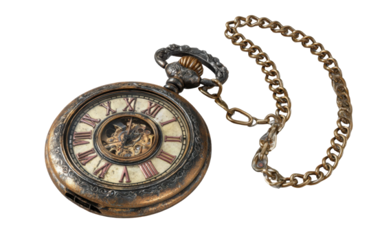 Antique pocket watch nostalgic home still life indoor close-up. Isolated on transparent background, png.