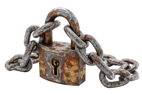 Rusty lock and chain industrial setting still life photography. Isolated on transparent background, png.