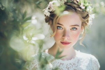 Close-up of a young woman with floral wreath and natural makeup outdoors in sunlight.