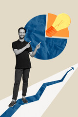 Trendy banner poster image photo collage of happy businessman stand arrow development aim...