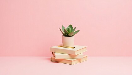 Succulent plant in cream pot atop stack of cream colored books with gold pen pink background