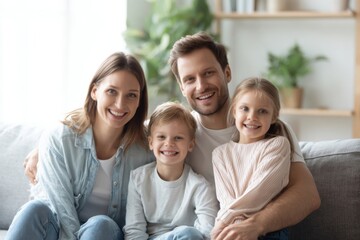 Obraz premium Happy family of four sitting together on couch smiling in bright living room scene.