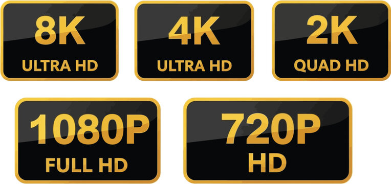 Collection of HD resolution labels including 8K Ultra HD, 4K Ultra HD, 2K Quad HD, 1080p Full HD, 720p HD