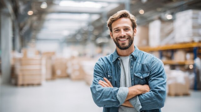Smiling male warehouse worker with crossed arms standing in industrial storage facility.