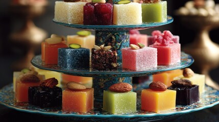 Colorful sweet treats on tiered display