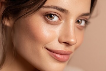Fototapeta premium Close-up of a smiling young woman with clear skin natural makeup and warm background.