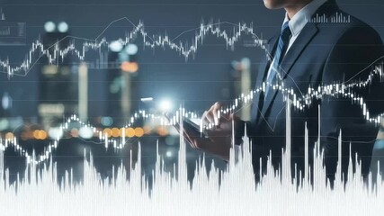 Businessman analyzes financial data on a mobile device amidst an abstract cityscape backdrop. - Powered by Adobe