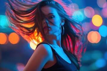 Naklejka premium Vibrant long exposure photo of young woman with flowing hair dancing at colorful night lights.