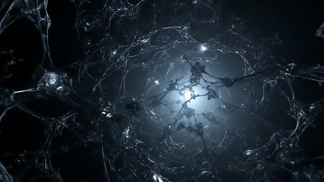 Dark abstract tunnel of organic weblike structures illuminated by a central light