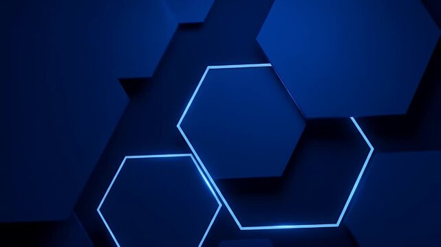 Dark blue hexagons with bright blue outlines on a dark background