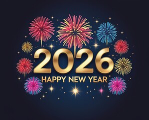 Gold 2026 Happy New Year with Fireworks and Stars on Dark Blue Background