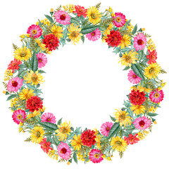 Bright watercolor circle frame with lawn and garden flowers and herbs. Yellow-red wreath