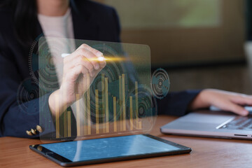 Corporate professionals crafting an AI prompt on a digital device, perfect for innovation, future...