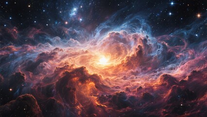 Fototapeta premium Cosmic Nebula Swirling Orange and Blue Gaseous Clouds in Space Galaxy Stars