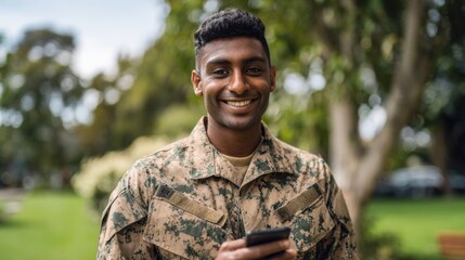 Happy young male soldier in camouflage uniform using smartphone outdoors in park.
