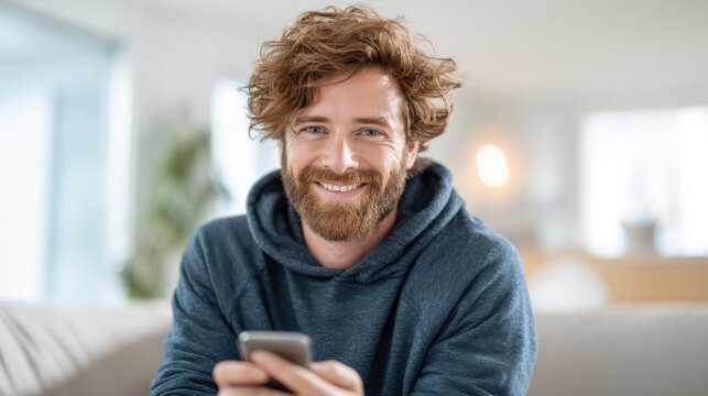 Happy young man with curly hair and beard smiling while using smartphone indoors.