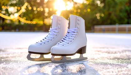 Pair of white ice skates on a frozen rink at sunset (1)