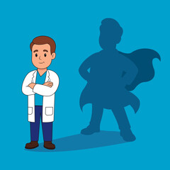 Superhero doctor concept. Cartoon male physician with heroic shadow