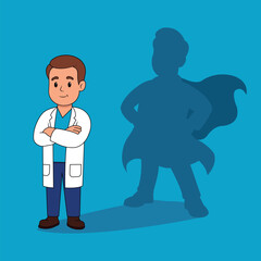 Superhero doctor concept. Cartoon male physician with heroic shadow