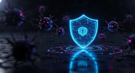 Cybersecurity shield protects against digital threats with glowing futuristic interface