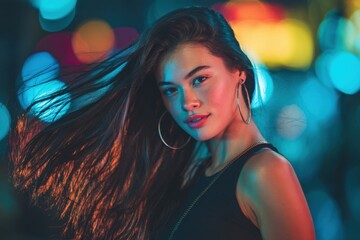Fototapeta premium Young woman with long flowing hair posing under colorful neon lights at night.