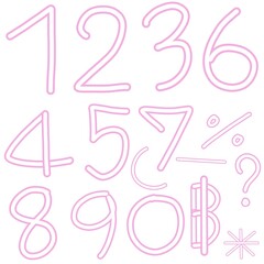 Obraz premium Set of bright pink numbers and symbols, pink border, white background.