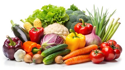 A vibrant assortment of fresh vegetables on white background