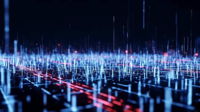 Digital grid with glowing blue and red lines on black background