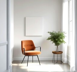 Illustration of Single modern chair placed in front of a plain white wall, minimal interior, soft light, clean space, no clutter, Scandinavian style.