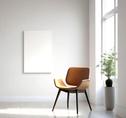 Illustration of Single modern chair placed in front of a plain white wall, minimal interior, soft light, clean space, no clutter, Scandinavian style.