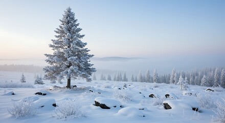 Serene Winter Landscape with Snow Covered Trees and Rolling Hills in a Misty Haze Offering Peace and Tranquility