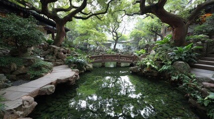Lush garden with a serene pond and bridge
