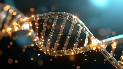 Intricate DNA strand illuminated with glowing particles against a dark background showcasing the complexity of genetics