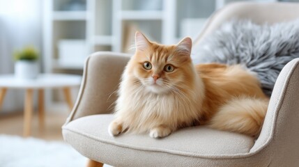 Fluffy orange cat relaxing on a cozy armchair in a bright, modern living room