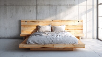 Modern bedroom with light-wood platform bed