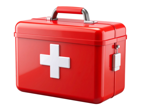 A - 3D First Aid Kit with Handle and Glossy Red Surface, Angled Perspective, Isolated on Transparent Background. - Powered by Adobe