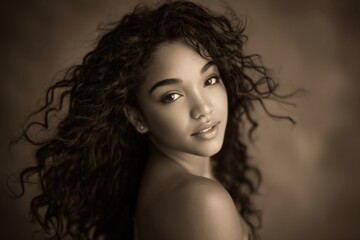 Woman with long curly hair looking at camera with confident expression in sepia tone.