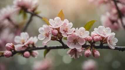 Obraz premium Delicate Pink Blossoms on a Branch with Soft Bokeh Background